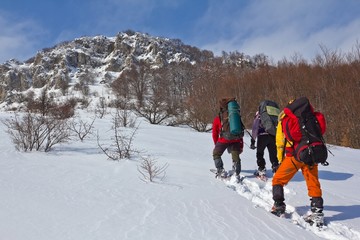 group of hikers in a winter mountains