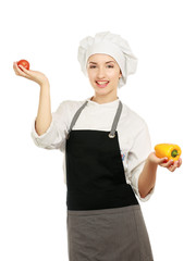 Attractive cook woman with vegetables, a over white background