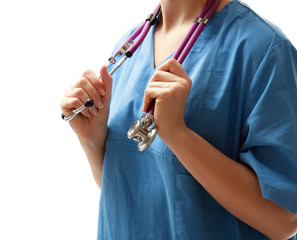 doctor woman with stethoscope. Isolated on white background.