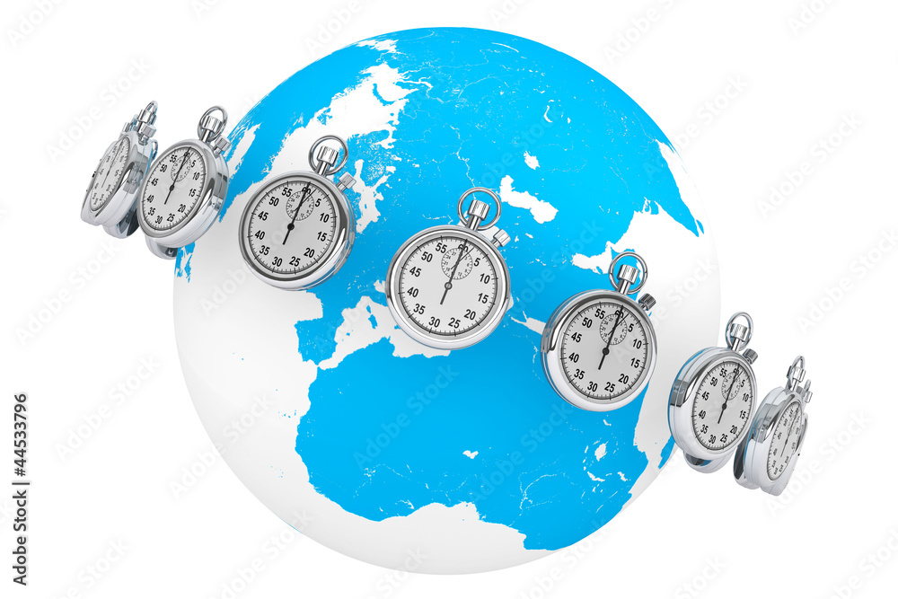 Poster fast delivery concept. stopwatch with globe