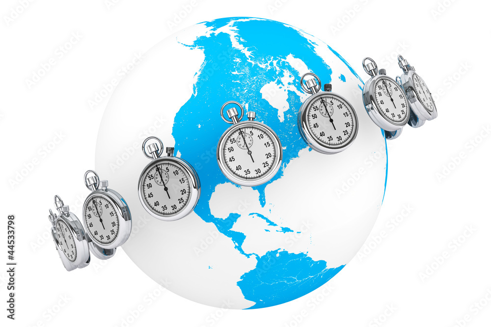 Poster fast delivery concept. stopwatch with globe