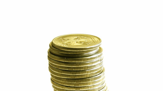 growing stack of coins isolated on white, then decrease