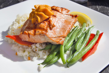 Grilled Salmon Fillet Over Basmati Rice with Butter