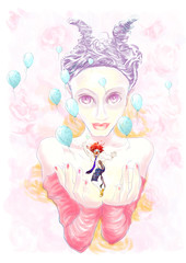 very gentle figure of a devil with happy Jester in her arms