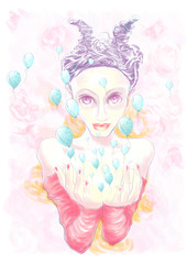 very gentle figure of a devil with balloons in her arms