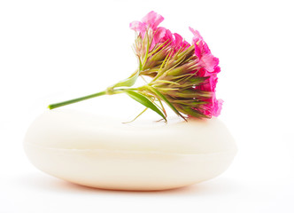 Carnation and soap on a white background