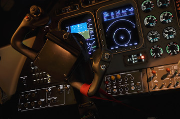 Lit iluminated pilot cabine dashboard cockpit - obrazy, fototapety, plakaty