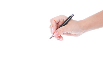 Woman  hand with pen on a white background