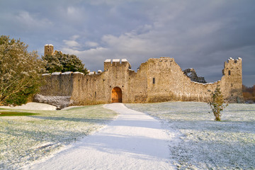 Irish ruins of the castle of Adare in winter scenery