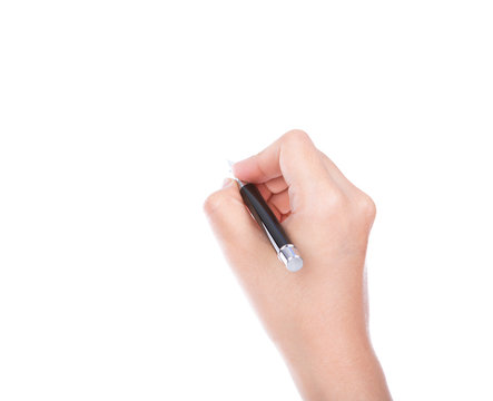 Woman  hand with pen on a white background
