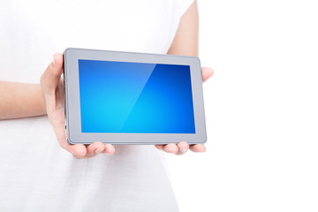  Woman hand using a touch screen device against white background