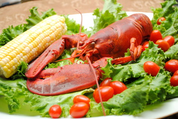 Fresh Lobster with Corn on the Cob, Lettuce and Tomatoes