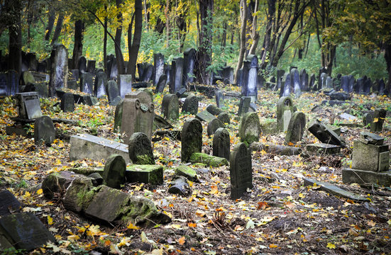Old graves at historic Jewish cemetery in Warsaw, Poland