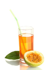green passion fruit with fresh juice isolated