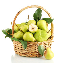 Juicy flavorful pears in basket isolated on white
