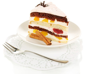 Layered fruit cake isolated on white