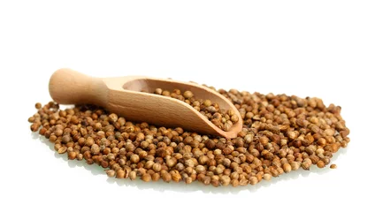 Fotobehang Heap coriander seeds in wooden spoon isolated on white © Africa Studio