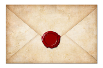 grunge mail envelope or letter with wax seal isolated on white
