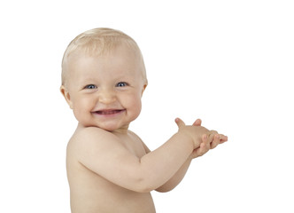 Super smile clapping hands baby isolated on white