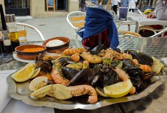 seafood - parrillada de marisco, spanish dish with sangria wine