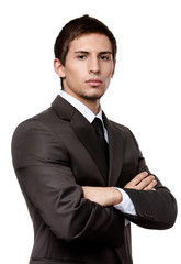 Young man in black suit, isolated on white background