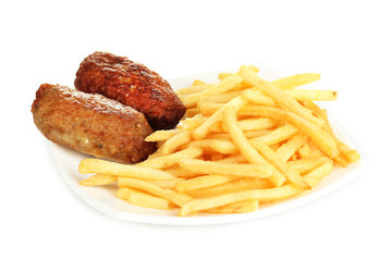 Potatoes fries with burgers in the plate isolated