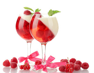 fruit jelly in glasses with raspberries isolated on white