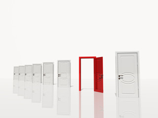 Sinigle open red door of several white doors white space