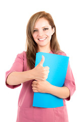 Blonde nurse holding a clipboard with thumbs up