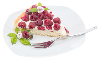 Raspberry Tart on plate against white