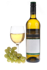 Bottle and glass of white wine with grapes