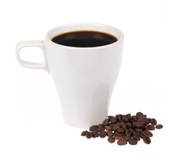Coffee cup with coffee beans isolated on white