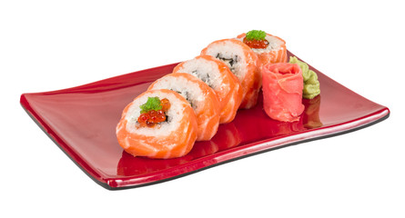 Japanese sushi traditional japanese food.Roll made of salmon, re