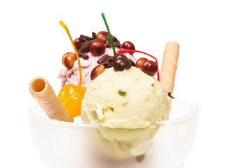 yogurt and chocolate ice cream in a bowl close up