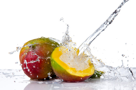  Mango In Water Splash, Isolated On White Background