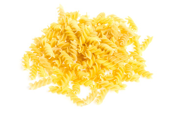 A portion of Rotini corkscrew pasta isolated on white.
