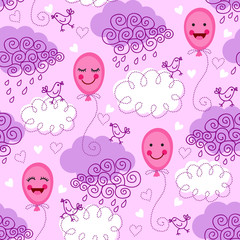 Seamless pattern with balloons and clouds
