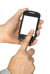 Woman finger on a blank smartphone screen, isolated on white