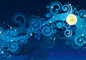 Night starry sky with yellow moon - obrazy, fototapety, plakaty