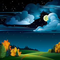 Autumn night with full moon and  trees on a cloudy sky