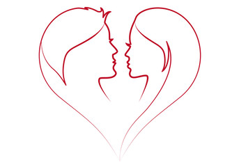female and male faces in red heart, vector