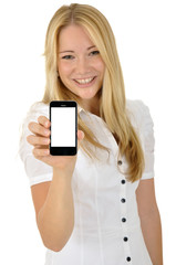 Junge Frau mit Smartphone, leeres Display