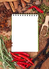 Open notebook with spices and herbs