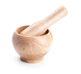 Wooden mortar and pestle isolated on white