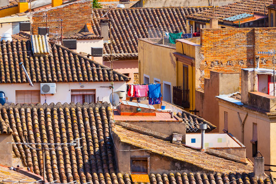 high-contrast picture of a Spanish town roof landscape