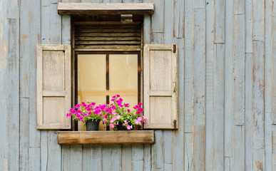 Open window with flower pot on wooden wall