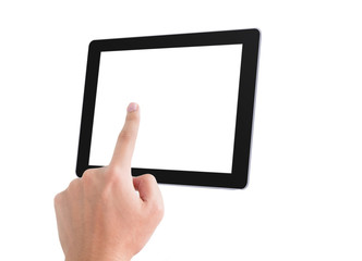 A finger pointing modern touch screen tablet computer with blank