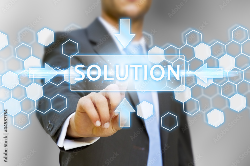 Poster businessman pushing solution button concept