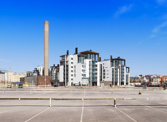 Buildings, fireplace and parking