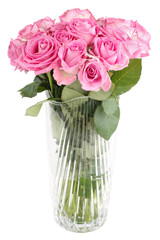 Pink rose bouquet in vase, isolated on white